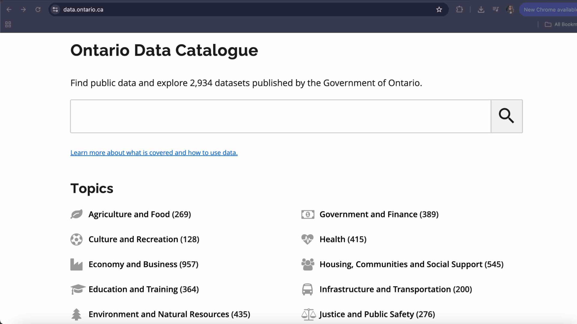 This screenshot shows the Ontario Data Catalogue, a site that provides public datasets from the Government of Ontario. I used it to find and download data related to infrastructure, environment, and public services, which I later uploaded into Mapbox Studio to test and visualize spatial data.