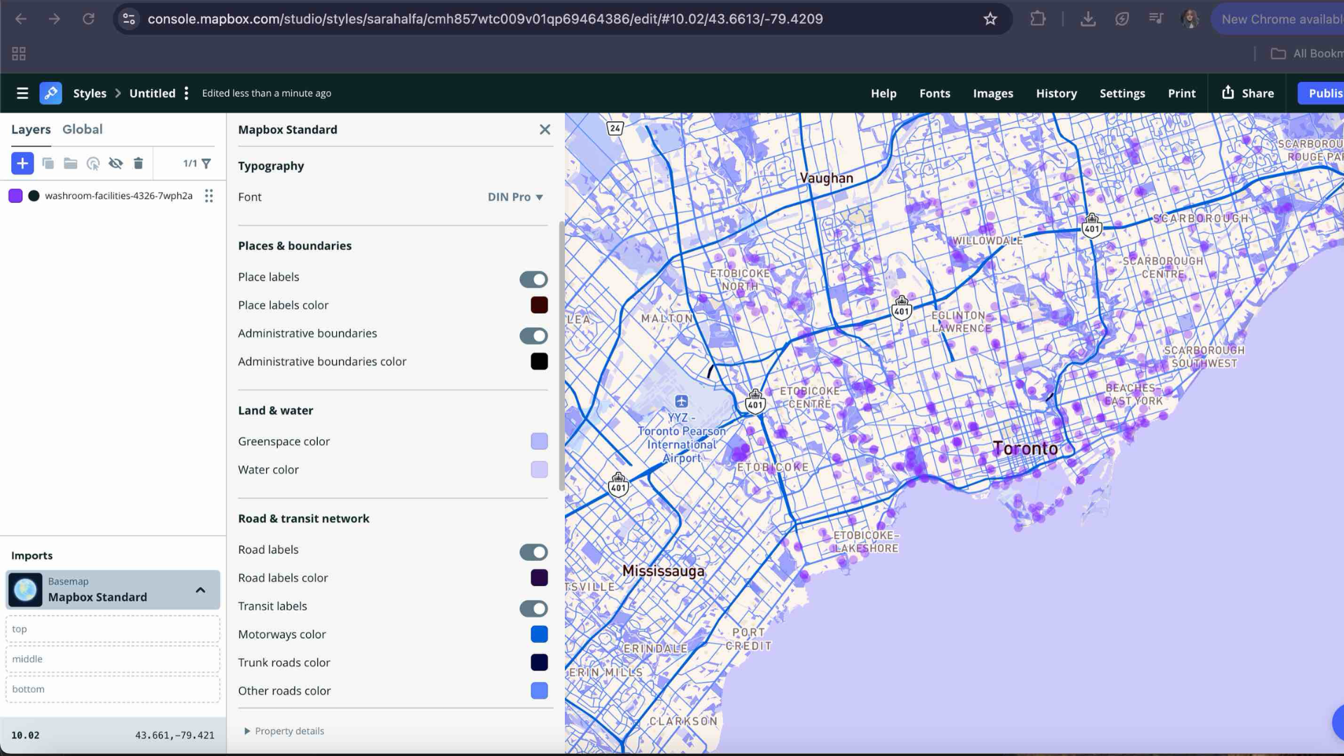For this map, I chose to keep a purple color scheme inspired by the bivariate map examples from Steve’s tutorial. I adjusted the land, water, and road colors to create a consistent tone across the visualization. This helped me develop a clearer sense of visual hierarchy and understand how color choices can guide how viewers interpret spatial data.