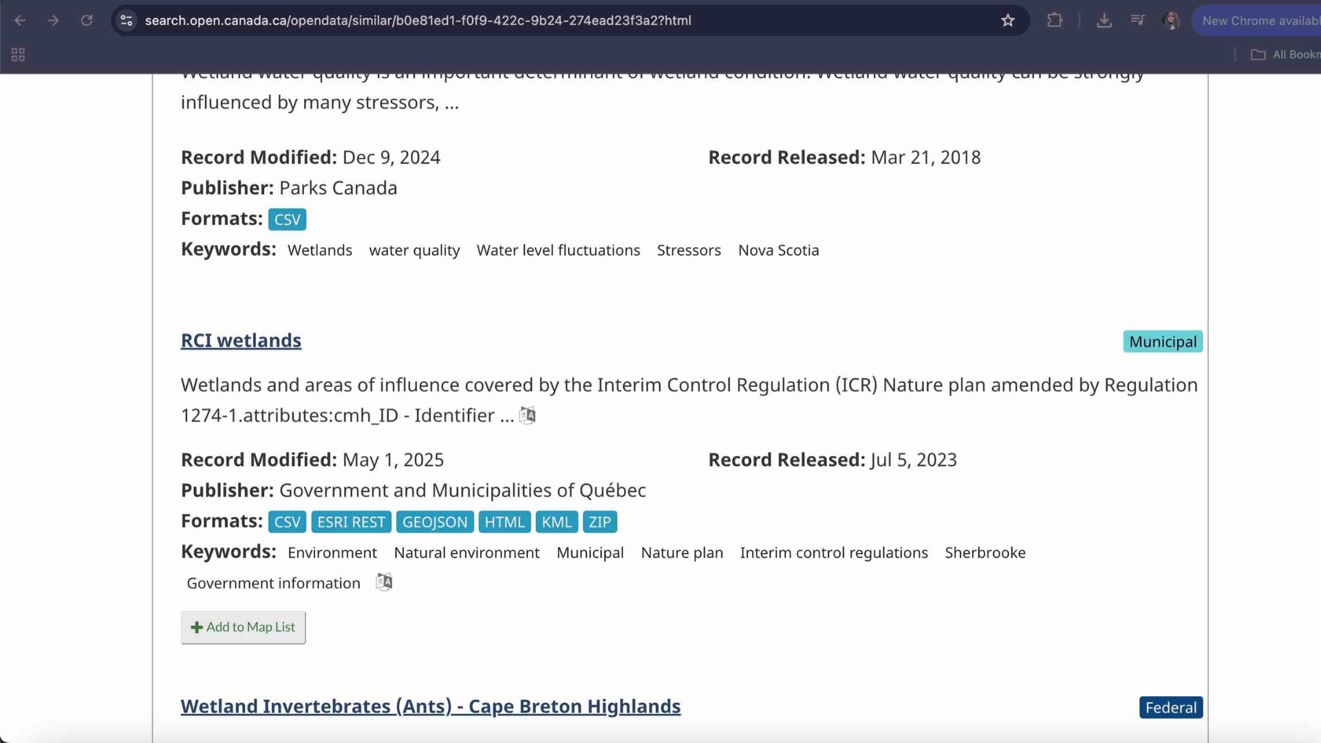 This screenshot shows me exploring the Government of Canada’s Open Data Portal, where I was reviewing available datasets in different formats such as CSV, ESRI REST, and GeoJSON. I was comparing environmental data sources like wetlands and natural environment records to understand how different file types could be imported and visualized in Mapbox Studio.