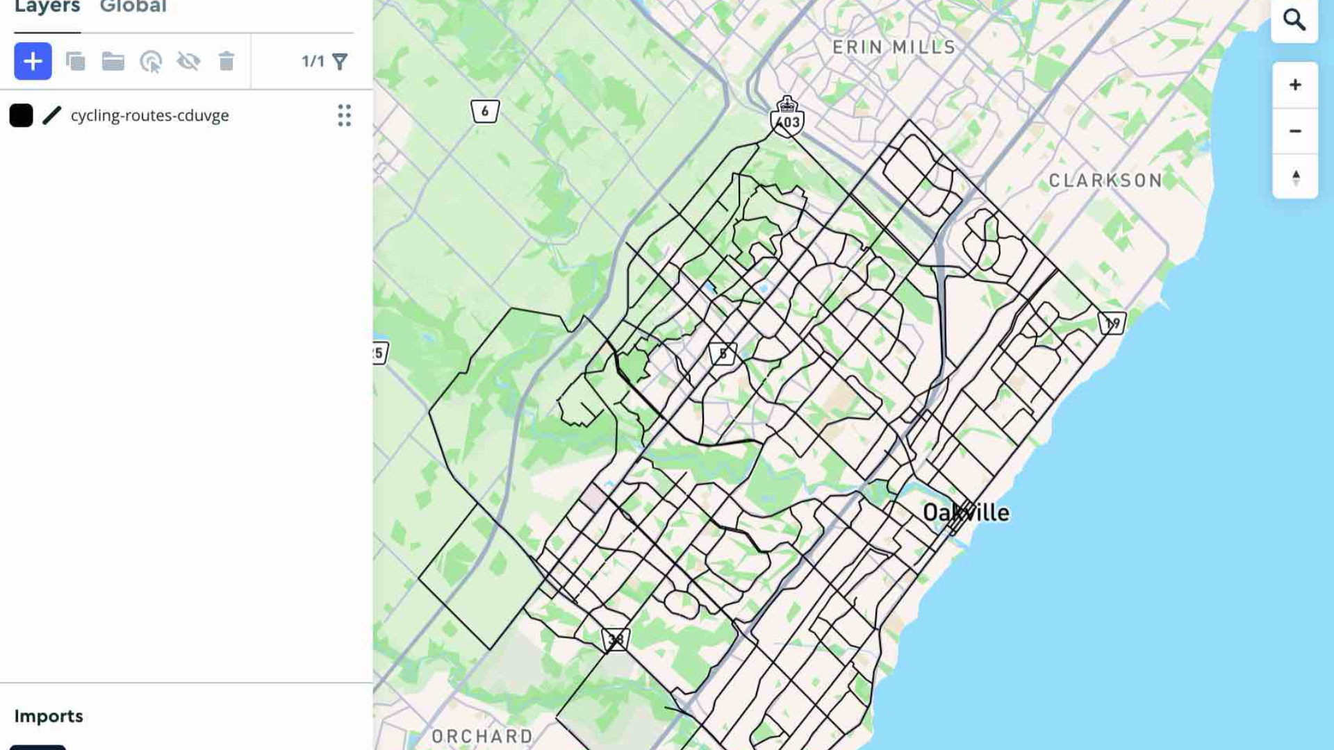 This screenshot shows the Oakville cycling routes dataset from Steve’s tutorial asset folder. I followed along with the video instructions to upload the data into Mapbox Studio and experimented with adjusting the stroke width of the lines to see how it affected visibility and map readability. This helped me understand how line data can be styled to clearly represent route networks.