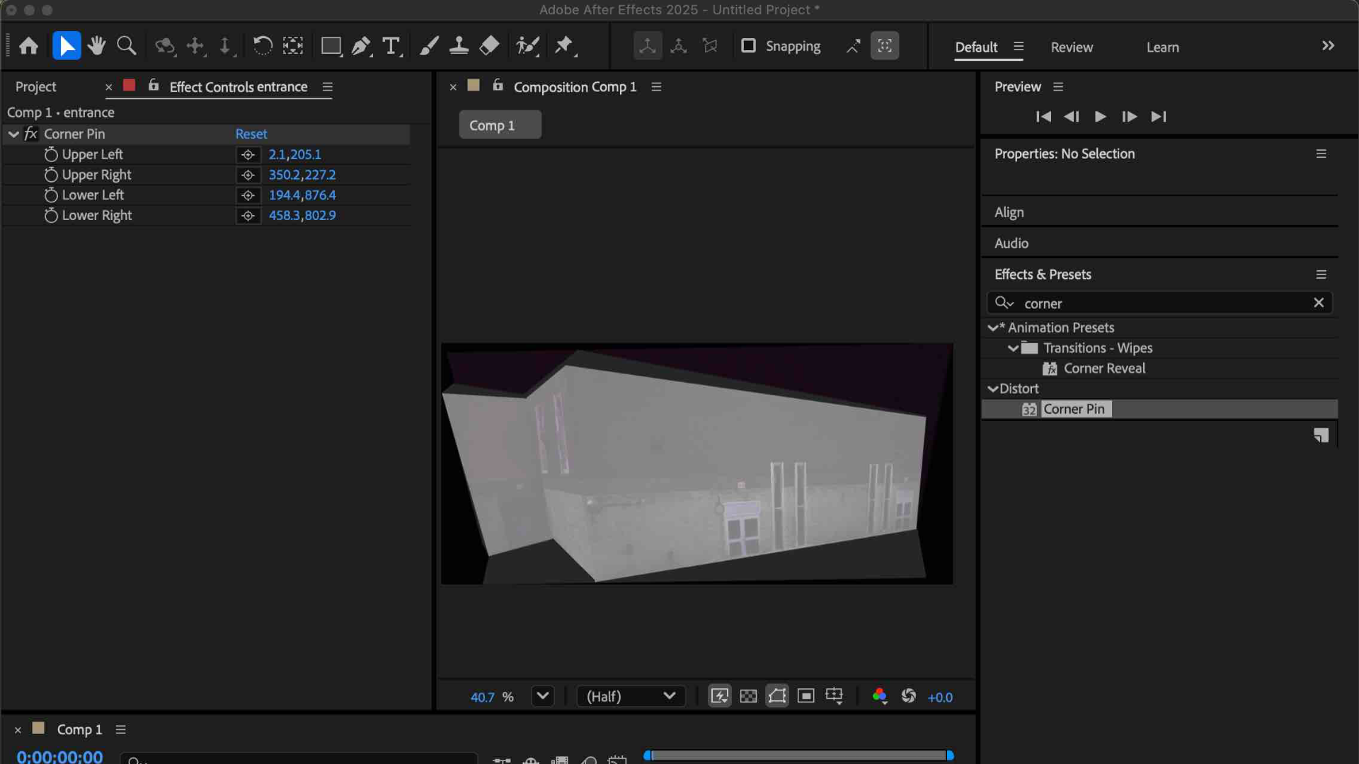 In this step, I was adjusting the Corner Pin effect to match the perspective of the building. It helped me understand how to align flat images to look realistic in 3D space, which was important for the projection mapping setup.