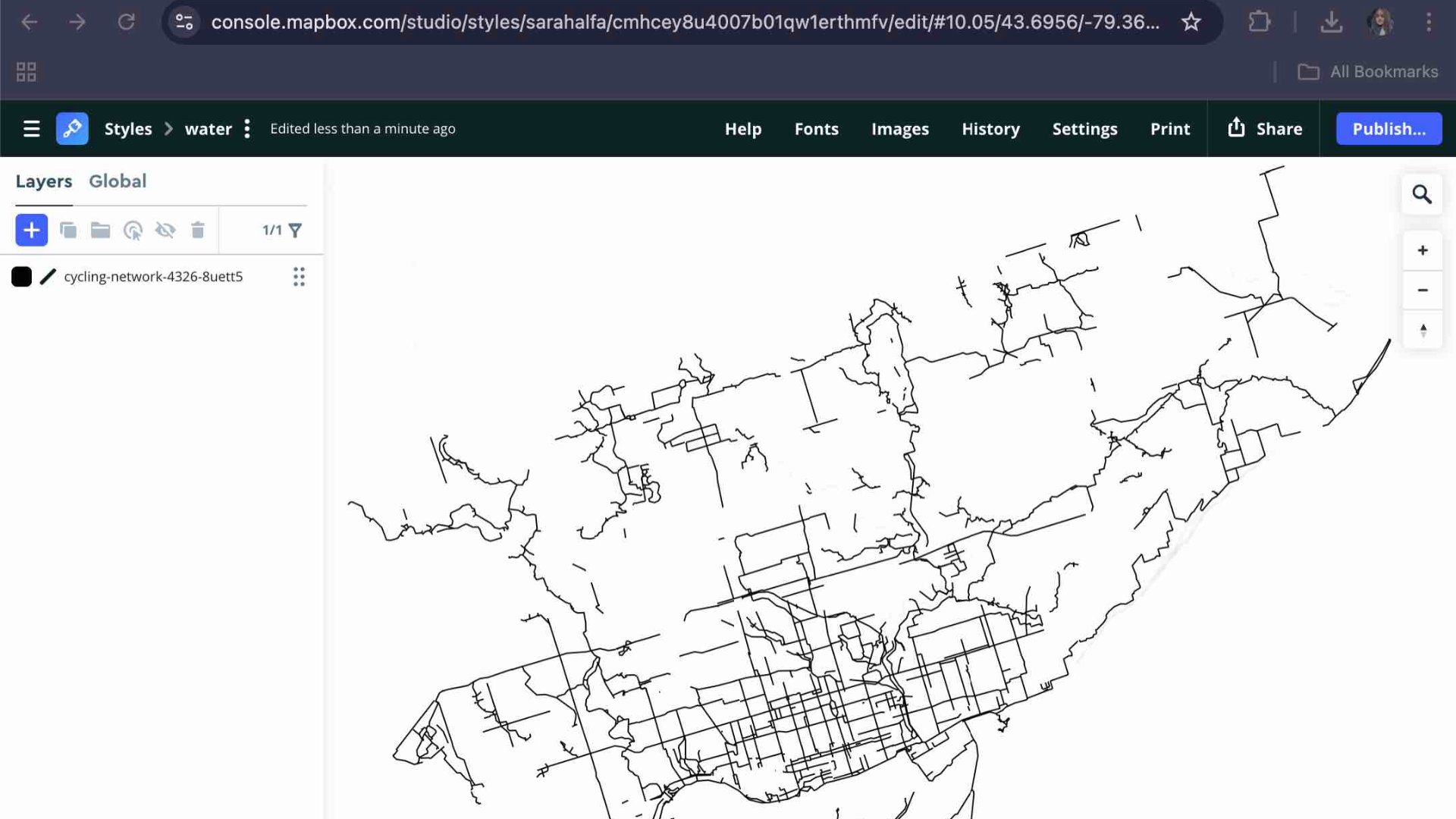 Here, I used Mapbox to prepare the cycling network data for Toronto, which I planned to engrave for my final project. I switched the map to monochrome and turned off all unnecessary layers such as labels, text, and roads to keep only the core data.