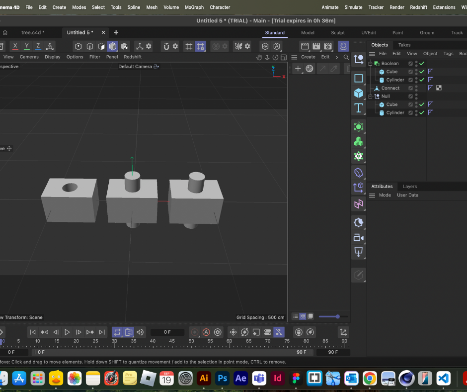 Here I was practicing with Booleans in Cinema 4D. I subtracted cylinders from cubes and tested unions to see how they combine or cut into each other. This was part of a tutorial exercise.