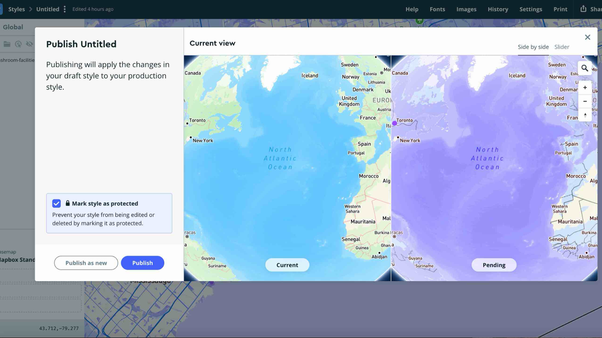 Here, I attempted to publish my map style just like Steve did in his tutorial. I wanted to see how the publishing feature worked in Mapbox Studio and how it saved the visual changes I made. This step helped me understand the difference between a draft style and a live published version of the map.