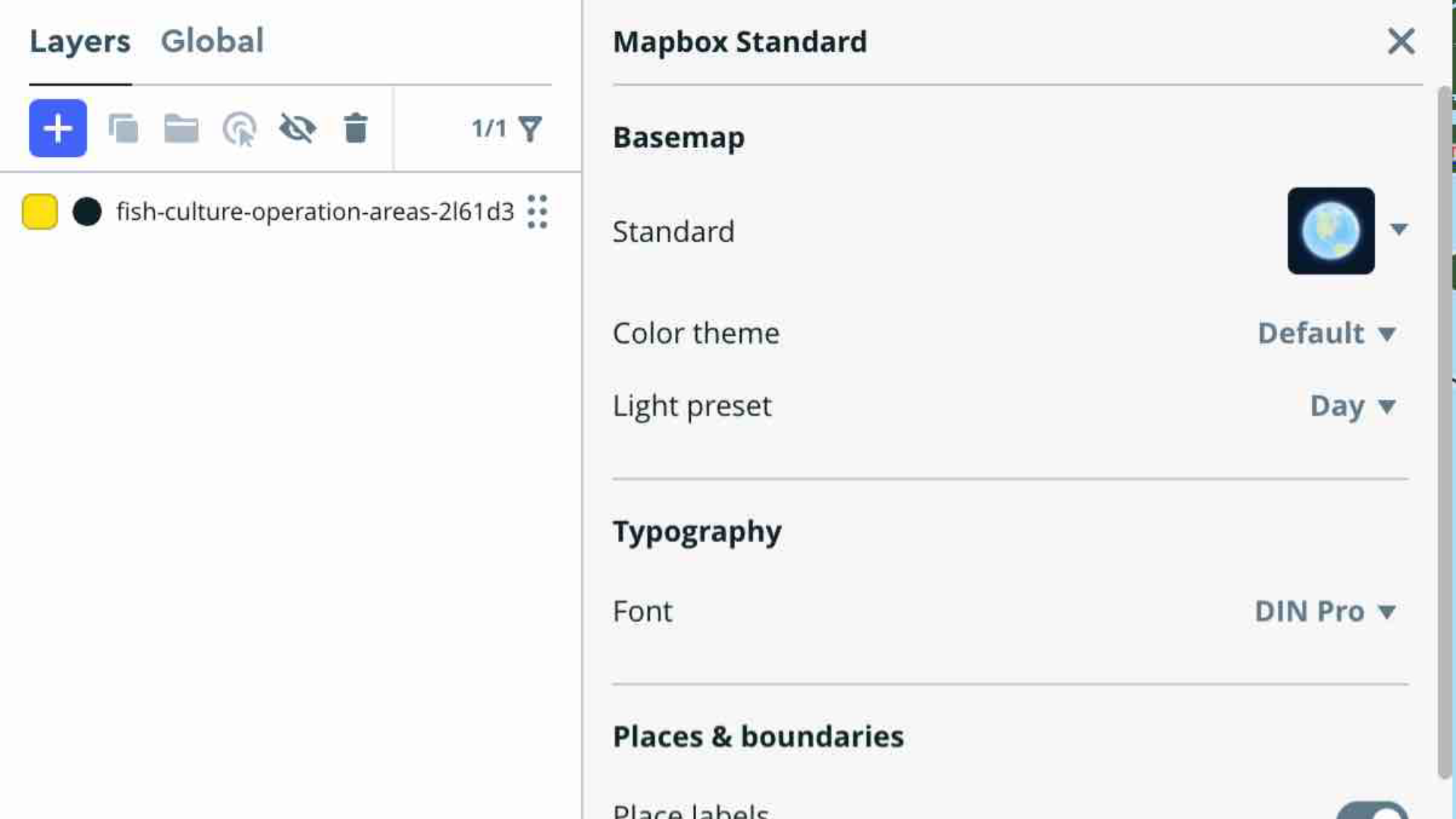 Here, I finally discovered where the main customization settings were located. This section allowed me to adjust details like the basemap, color theme, lighting preset, and typography, which helped me understand how to control the overall look of my map instead of just editing layers individually.