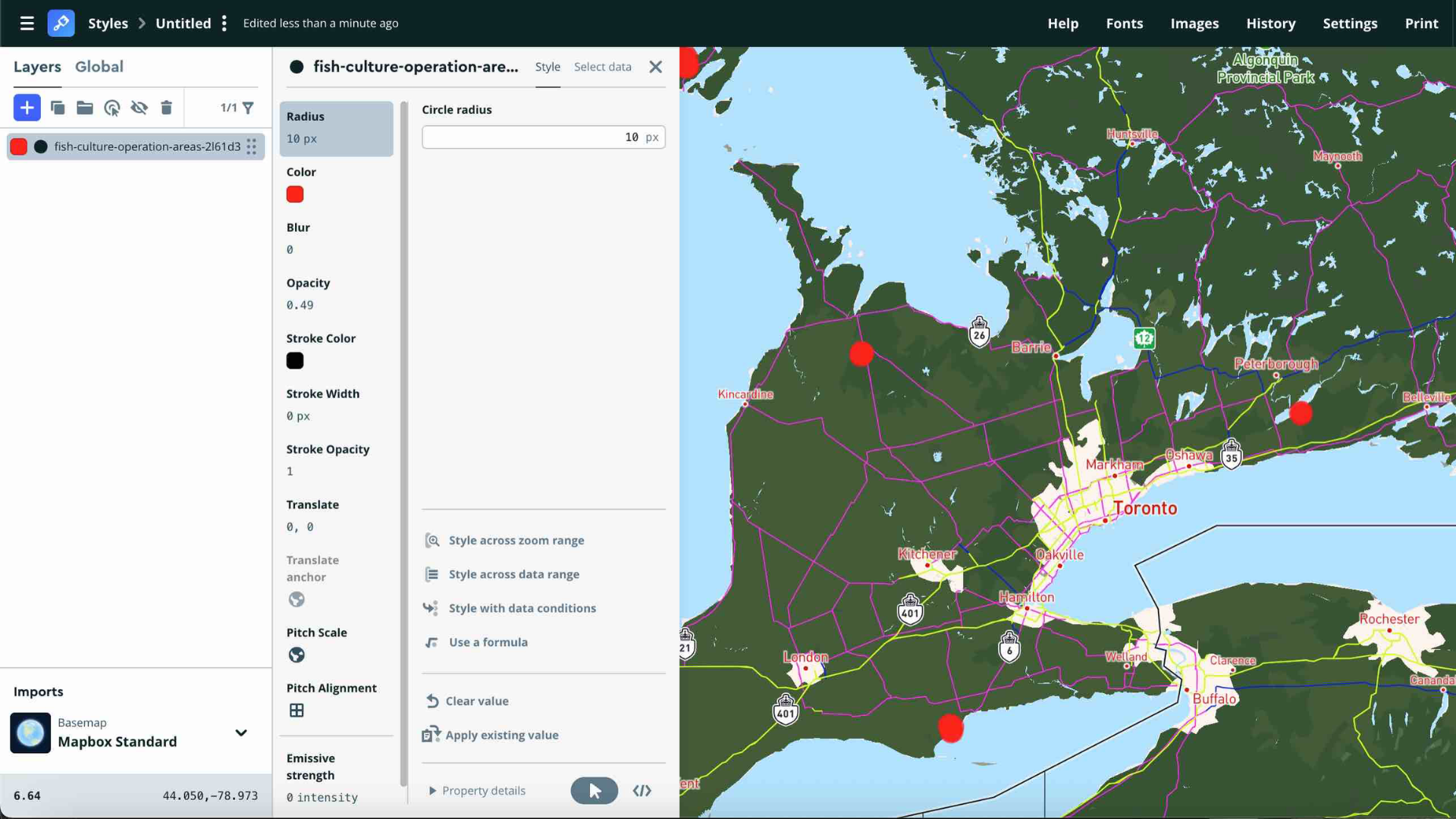 Using the same custom color scheme, I reuploaded the fish culture operation JSON data from the Ontario Open Data Hub and zoomed out to view the entire province. This step helped me get a clearer sense of spatial distribution across Ontario and improved my understanding of how to manage and visualize large-scale datasets in Mapbox Studio as I became more comfortable with the tool.