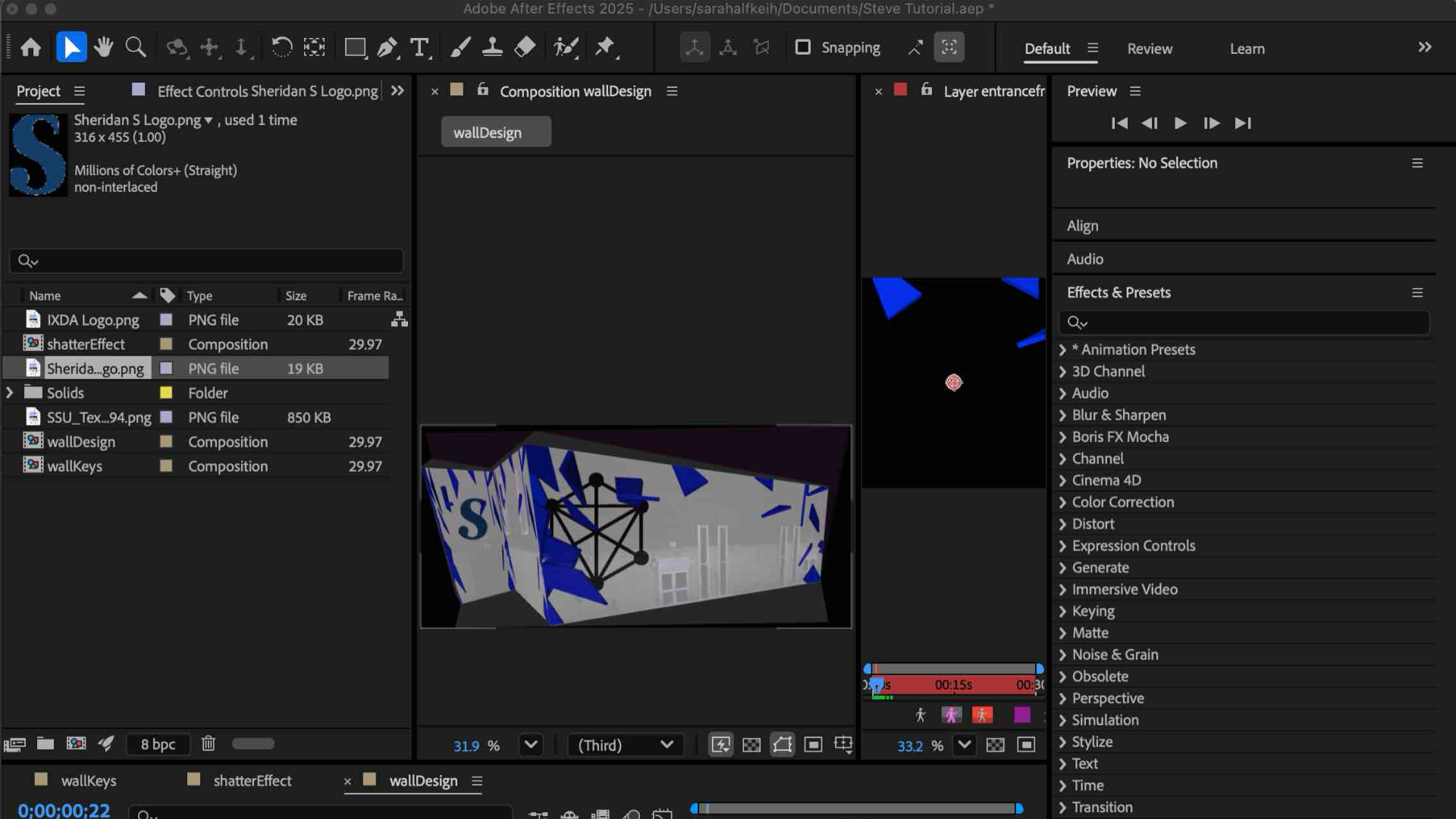 For the final step in the tutorial, I added the Sheridan logo and IXD Club logo to appear after the shatter animation finished. This created a reveal effect at the end of the projection.