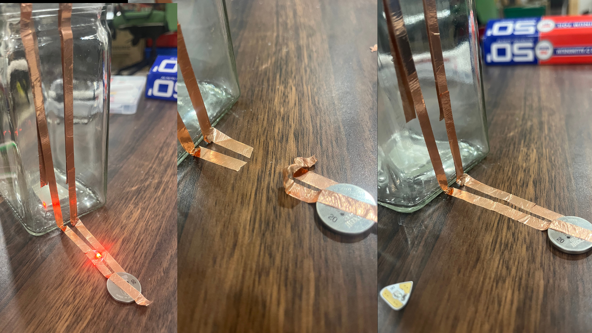 This image shows me trying to create a open circuit that then gets connected using water in the vase/glassware. It didn't work out as intended unfortunately even though I did everything correctly.