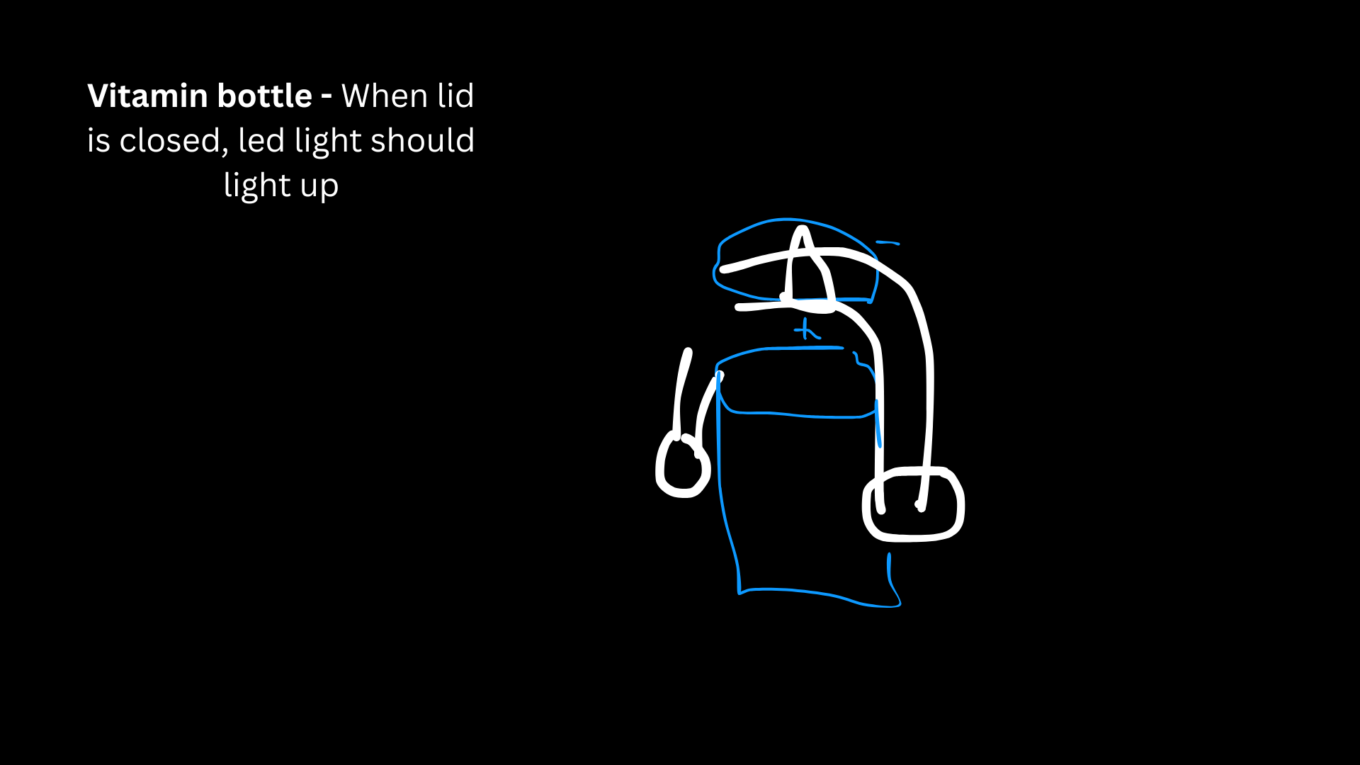 In my sketch, the battery and LED are kept apart so the circuit is off when the vitamin bottle is open. When the lid is screwed closed, the metal contact points line up and connect the two sides of the circuit. That connection closes the circuit and allows power to flow, which turns the LED on.