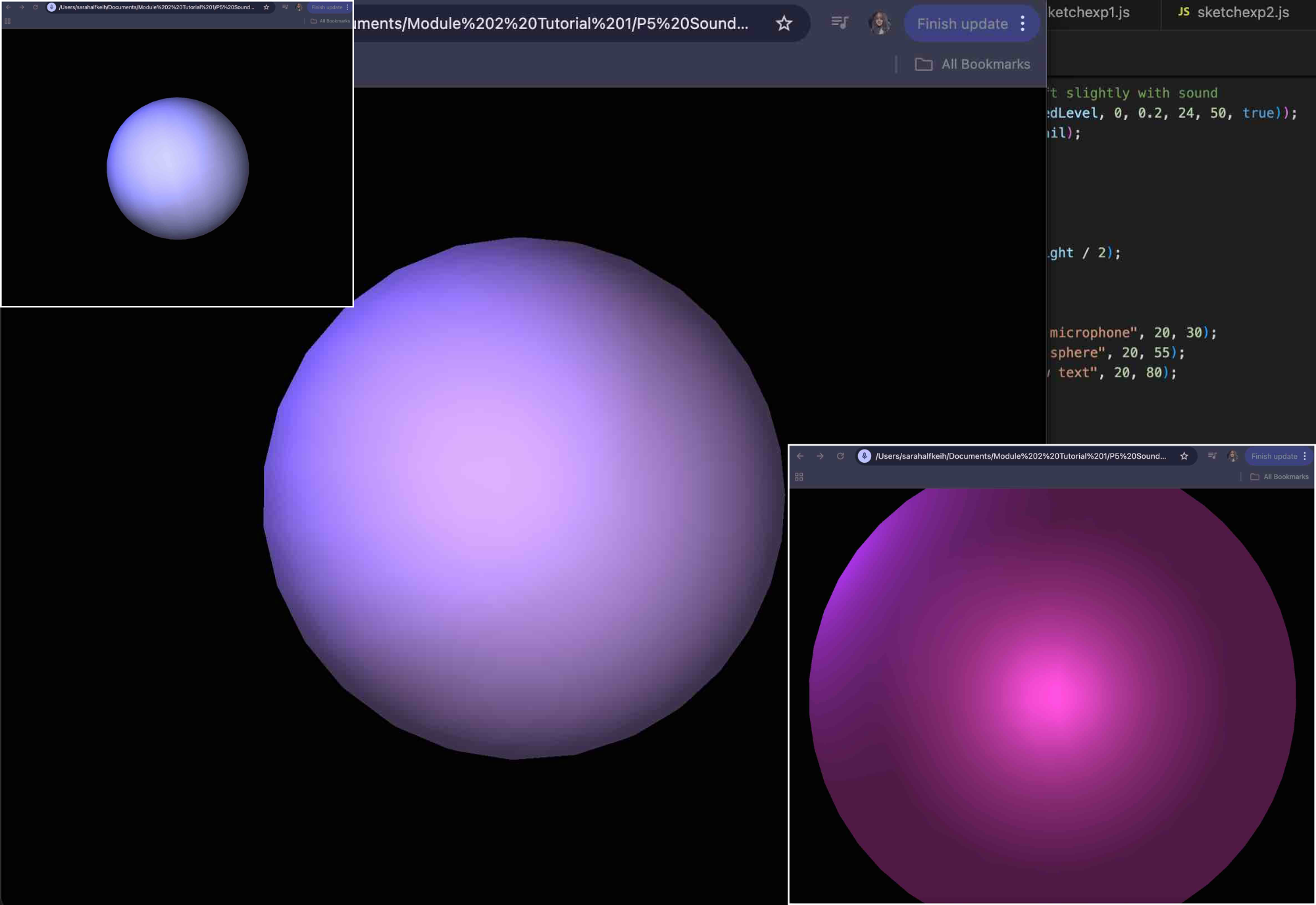 Here is a single sphere that expands and changes to a darker color when you make noise into the mic, and then stays still when there is no audio present. Its size increases based on the volume.