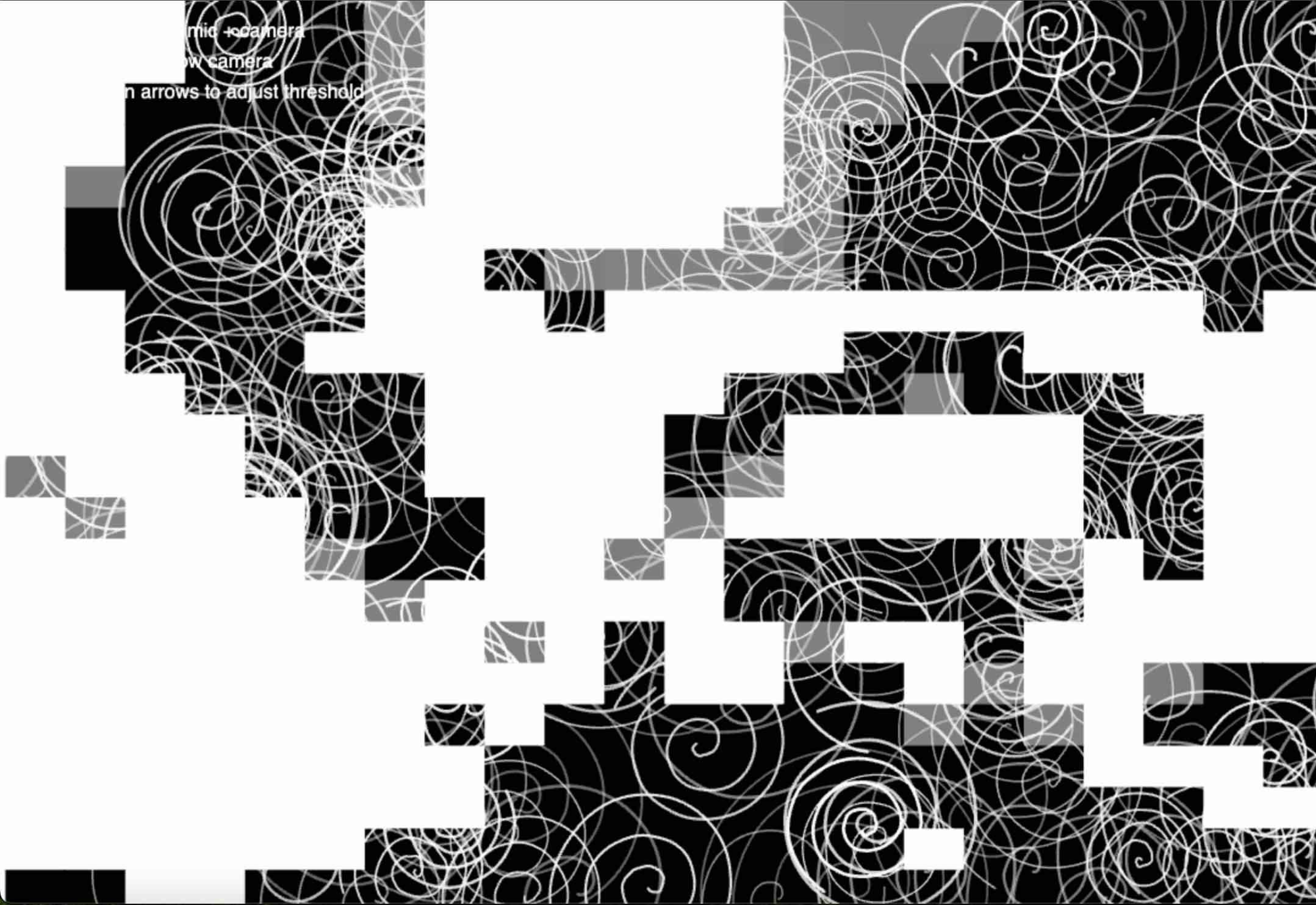 This experiment uses p5.js, the microphone, and the webcam to create a reactive black-and-white mosaic. I used p5.AudioIn() and mic.getLevel() to capture sound, then smoothed the input with lerp() so the changes feel less abrupt. That audio level is mapped to the camera effect in drawAbstractCamera(), where louder sound increases the block size, contrast, and threshold shift, making the webcam feed look more pixelated and abstract. For the camera, I used createCapture(VIDEO) and cam.loadPixels() to read brightness values from the webcam and redraw them as large grayscale rect() blocks. I also used a custom findBodyPixel() function that searches for darker webcam pixels based on a brightness threshold, so the swirl forms appear mainly on the body or silhouette. The swirls are built as a separate JavaScript class, where each one has its own size, drift, lifespan, and rotation. I drew them in p5 using beginShape(), vertex(), cos(), sin(), noise(), and rotate() so they feel more organic and uneven. I also used mousePressed() to activate audio permissions, keyPressed() to hide or show the camera and adjust the threshold, and windowResized() to keep the sketch responsive. To be transparent, I used AI (ChatGPT) to help with generating code but all ideas includings visuals were thought of by me.