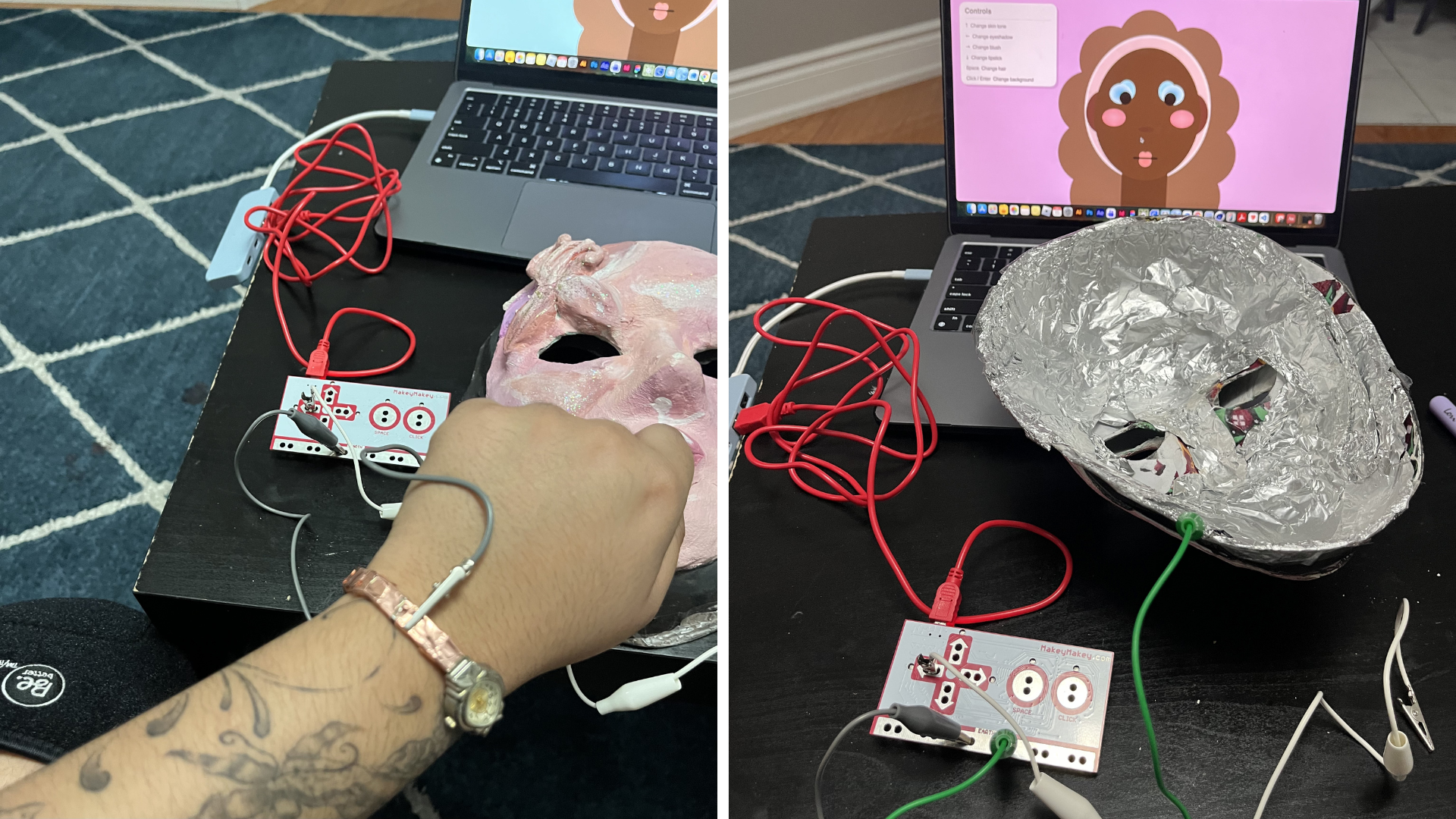 These are my “connect to earth” solutions: a watch wrapped in conductive tape and the inside of my mask covered in aluminum foil.