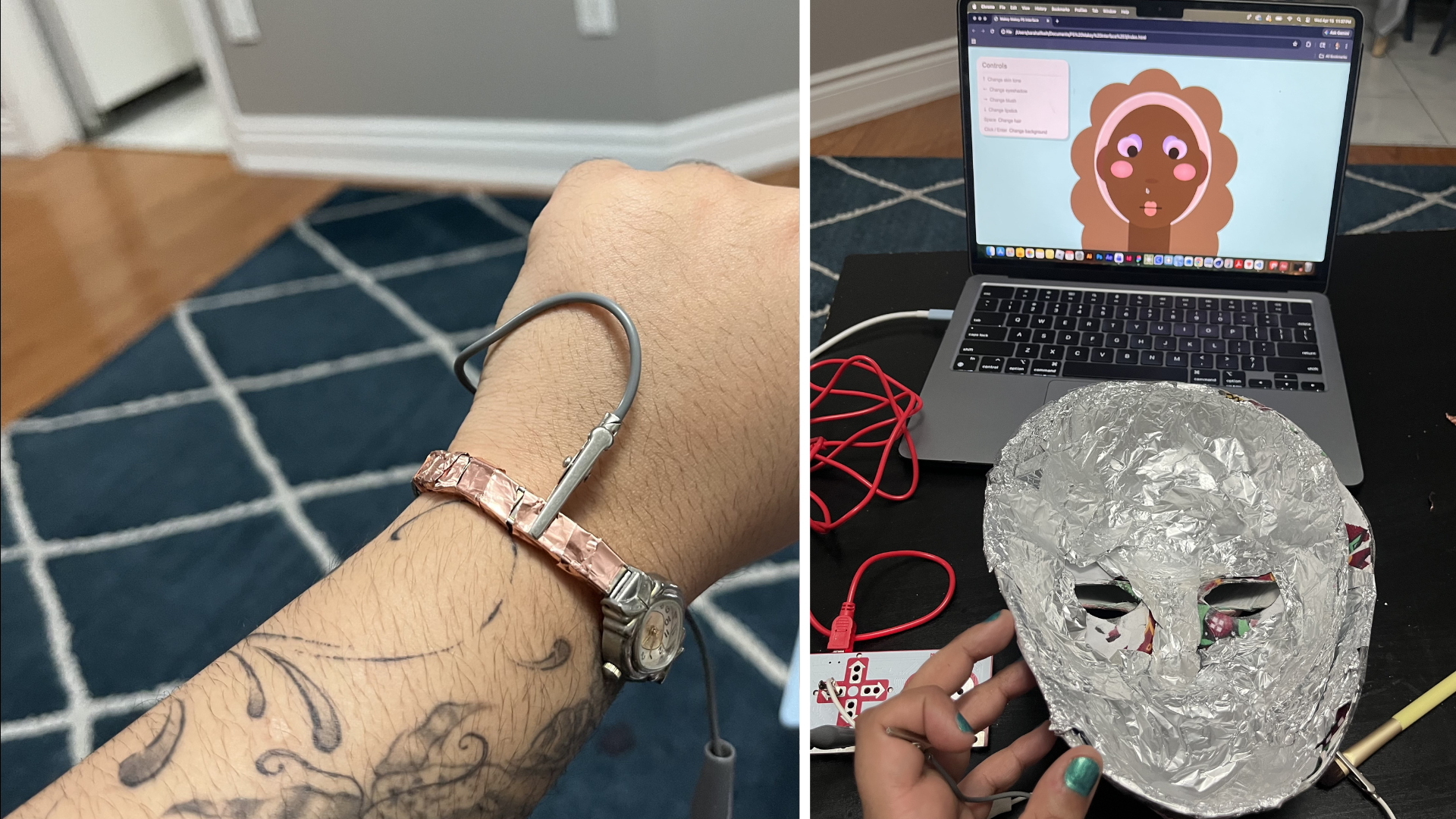 This is another angle showing how the system works. Both components need to be used together for the full experience. The watch works on its own, but the mask is less conductive, so it performs better when both are used together.